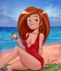 beach big_breasts breasts cleavage disney erect_nipples female female_only green_eyes gzone human human_only kim_possible kimberly_ann_possible lotion nipple_bulge one-piece_swimsuit orange_hair redhead solo sunscreen swimsuit