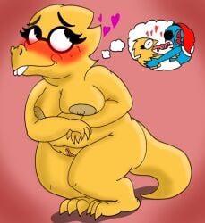 alphys animal_humanoid anthro ass belly belly_overhang big_breasts big_butt blush breasts buckteeth claws cleavage clitoris clothed clothing crazy_8_animations daydream deltarune dinosaur duo eyewear female fish fish_humanoid genitals glasses humanoid making_out marine marine_humanoid monster nipples nude prehistoric_species reptile scalie short_stack solo tail teeth thick_thighs thought_bubble toe_claws tongue tonguing undertale undertale_(series) undyne vulva