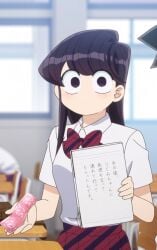 1boy bangs black_eyes black_hair blurry blurry_background bow bowtie chair classroom clothing collared_shirt condom condom_packet_strip condom_wrapper desk female female holding holding_paper indoors komi-san_wa_komyushou_desu komi_shouko long_hair looking_at_viewer male neckwear no_mouth notebook paper purple_eyes red_bow red_bowtie red_neckwear red_skirt school_desk school_uniform screen_capture shirt short_sleeves skirt solo solo_focus striped striped_bow striped_bowtie striped_neckwear third-party_edit uniform white_shirt wide-eyed