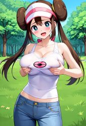 ai_generated arms_on_breasts big_breasts blue_eyes breast_grab brown_hair civitai grabbing_own_breast headwear jean large_breasts long_hair pokemon rosa_(pokemon) tank_top tanktop