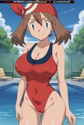 ai_generated aindroidparanoid bandana big_ass big_breasts big_butt blue_eyes breasts brown_hair cameltoe game_freak haruka_(pokemon) hourglass_figure huge_breasts large_ass large_breasts large_butt may_(pokemon) narrow_waist nintendo one_piece_swimsuit outside pokegirl pokemon pokemon_ruby_sapphire_&amp;_emerald pool short_hair stable_diffusion swimsuit wide_hips