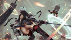 ass ass_focus backless_outfit dress female kinoharakossuta leotard nier nier:_automata panties short_hair standing thigh_boots thighhighs white_hair yorha_2b