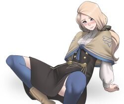 1girls bare_arms bare_thighs blonde_hair blue_eyes blush boots breasts capelet dress female female_only fire_emblem fire_emblem:_three_houses garreg_mach_monastery_uniform jourd4n long_hair medium_breasts mercedes_von_martritz nintendo sideboob sitting solo spread_legs thighhighs thighs white_background