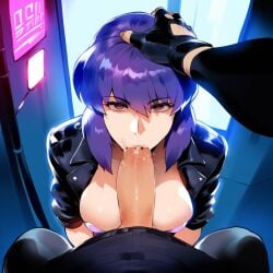 1boy 1girls :>= ai_generated fellatio female ghost_in_the_shell kusanagi_motoko looking_at_viewer male penis