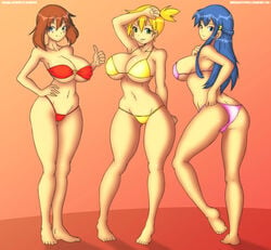 3girls alternate_breast_size alternate_hair_color armpits ass back bare_shoulders belly big_breasts bikini blue_eyes blue_hair blush breasts brown_hair cameltoe cleavage dawn_(pokemon) eyelashes feet female female_only green_eyes huge_breasts human human_only kasumi_(pokemon) large_breasts long_hair looking_at_viewer may_(pokemon) midriff multiple_girls navel nintendo orange_background pokemon pokemon_dppt pokemon_rse shadow short_hair side_ponytail sideboob skyraptor smile swimsuit thumbs_up toes underboob yellow_hair