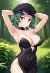 ai_generated arms_behind_head big_breasts civitai green_eyes green_hair large_breasts pokemon rocket_grunt