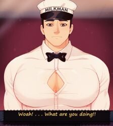 bara clothing english_text francis_mosses male male_only milkman muscular_male pecs rapbitan text that's_not_my_neighbor tight_clothing