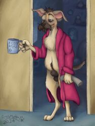 animal_genitalia anthro balls bathrobe bathrobe_only brown_body brown_fur canid canine canis claws clothing container countershade_fur countershading cup digital_media_(artwork) domestic_dog finger_claws fur genitals grey_body grey_fur hi_res male mammal mixed_breed morning mug newspaper pawpads regsmutt robe scruffy_beard sheath solo standing_in_doorway tail tan_body tan_fur toe_claws