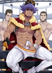 3boys abs beard bulge cape erection erection_under_clothes facial_hair glove hand_on_penis legs_apart leon_(pokemon) looking_at_viewer looking_down looking_down_at_viewer low-angle_view male male_only maorenc muscular nipples pecs penis pointing_at_viewer pokemon pokemon_ss purple_hair shirt_lift shorts shorts_pull sitting smile smiling_at_viewer solo_focus tight_clothing underwear wristband