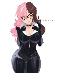 1girls big_breasts black_cat_(cosplay) blush bodysuit breasts brown_eyes brown_hair choker cleavage cosplay female female_only genfleur0108 hair heterochromia hips latex latex_bodysuit latex_clothing long_hair marvel marvel_comics neckwear neo_(rwby) pink_eyes pink_hair rwby smile solo solo_female thighs two_tone_hair wide_hips zipper