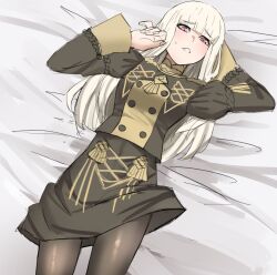 1girls bed_sheet breasts female female_only fire_emblem fire_emblem:_three_houses garreg_mach_monastery_uniform jourd4n long_hair lysithea_von_ordelia medium_breasts nintendo on_back pantyhose pink_eyes skirt solo teenage_girl teenager white_hair