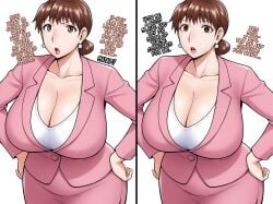 ai_generated brown_hair drooling expressionless hands_on_hips huge_breasts hypnosis ichijou_reiko_(jinsukeya) jinsukeya lipstick milf mind_control suit