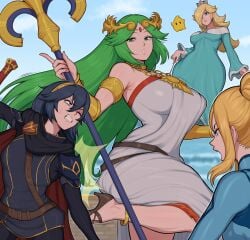 4girls abs afrobull alternate_breast_size battle blonde_hair blue_eyes blue_hair breasts clenched_teeth crossover female female_only fighting fire_emblem fire_emblem_awakening green_eyes green_hair highres human kid_icarus kid_icarus_uprising large_breasts long_hair lucina_(fire_emblem) luma mario_(series) medium_breasts metroid multiple_girls nintendo palutena princess_rosalina rosalina samus_aran small_breasts smile super_mario_galaxy super_smash_bros. teeth very_long_hair