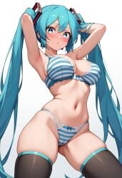 ai_generated arms_behind_head big_breasts blue_hair blush bra breasts cyan_hair from_behind gastkeser82 hatsune_miku leaning leaning_to_the_side legs_apart long_twintails looking_at_viewer navel panties stockings stomach striped_bra striped_panties thighhighs twintails vocaloid