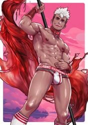1boy abs arm_up armpits bulge cocky collar feet_out_of_frame holding_object holding_pole looking_at_viewer looking_down looking_down_at_viewer low-angle_view male male_only maorenc muscular nipples open_mouth open_mouth_smile original_character pecs pov pov_eye_contact smile smiling_at_viewer socks solo solo_male standing_over_viewer undercut underwear white_hair wrist_guards