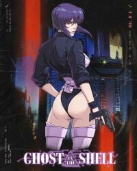 1girls ass ass_focus female ghost_in_the_shell jhony_caballero kusanagi_motoko looking_at_viewer pistol purple_hair