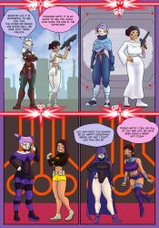 ahsoka_tano amity_blight belt big_ass big_breasts cape clothing comic cosplay dark_skin dc dc_comics dialogue disney evil_raccoon female footwear gun handwear human jinx_(dc) latina long_hair luz_noceda miniskirt padme_amidala pale_skin pointy_ears princess_leia_organa purple_hair raven_(cosplay) raven_(dc) shapeshifting short_hair star_wars starfire teen_titans terra_(dc) the_owl_house warner_brothers witch