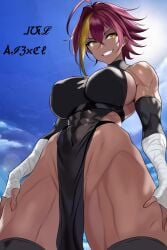 1girls abs big big_breasts huge_breasts marle_barrock muscle_girl muscles red_hair reincarnation_colosseum smile tagme thick_legs thick_thighs yellow_eyes