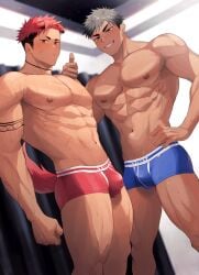 2boys abs black_hair bulge cocky dog_ears dog_tail dogboy frown frowning_at_viewer hand_on_hip haozz looking_at_viewer looking_down looking_down_at_viewer low-angle_view male male_only muscular nipples original_character pecs pov pov_eye_contact red_hair scar smile smiling_at_viewer standing standing_over_viewer sweat tail tattoo thumbs_up topless underwear underwear_only unimpressed