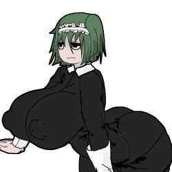 1girls big_breasts black_eyes black_outfit breasts dissappointed_look green_hair iya_maid maid maid_outfit maid_uniform maidcore nipples nipples_visible_through_clothing traced white_skin