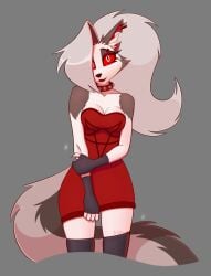 1girls abelladanger87 dress furry grey_background grey_fur long_hair loona_(helluva_boss) one_eye_obstructed red_dress red_sclera smile tail