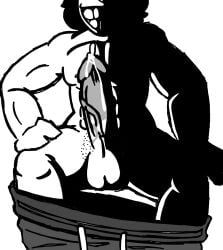 1boy big_muscles big_penis black_hair buff cum grayscale incredibox jacked large_penis male muscles oiled_breasts orgasm pale_skin semen shadow smiling solo