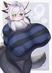 absurd_res anthro big_breasts black_sclera blush breasts clothed clothing featureless_crotch female fur gontyan1015 hair heart_symbol hi_res looking_at_viewer mammal simple_background smile solo tail tuft