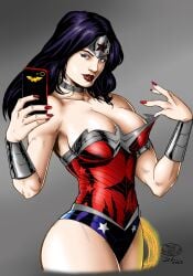 1girls cleavage large_breasts rud_patrocinio smartphone superheroine wonder_woman wonder_woman_(series)