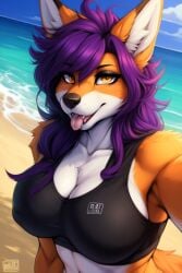 1girls ai_generated anthro anthro_only beach day female female_only fox fox_ears frosting.ai furry furry_only highres looking_at_viewer orange_body orange_eyes orange_fur purple_hair rayron selfie solo sports_bra tongue tongue_out