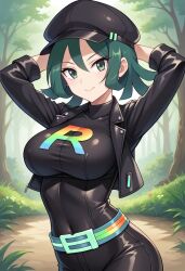 ai_generated arms_behind_head big_breasts civitai green_eyes green_hair large_breasts pokemon rocket_grunt