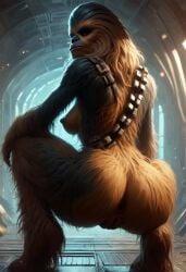 2024 ai_generated alien alien_girl anus ass breasts carnivalecloudmuncher female female_only furry looking_at_viewer looking_back nipples pussy rear_view self_upload solo solo_female squatting star_wars tagme what wookiee