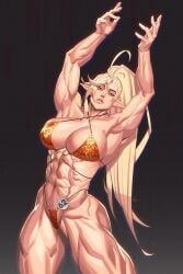 1girls abs arii_(r62) armpits bikini blonde_hair breasts cleavage elf_ears large_breasts long_hair muscular muscular_female original ponytail puckered_lips r62 tanned thick_thighs