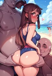 age_difference ai_generated akko_kagari ass_grab ass_worship beach big_ass big_butt flushed focus_on_ass grabbing_ass imminent_sex kuriva little_witch_academia looking_at_viewer old_man older_male perfect_body sea shiny_skin shy threesome