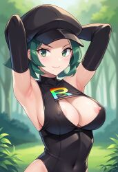 1girls ai_generated arms_behind_head big_breasts civitai female green_eyes green_hair large_breasts nipple_slip nipples pokemon rocket_grunt