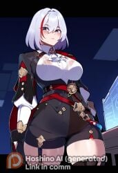 1boy ai_generated big_breasts bob_cut female highres honkai:_star_rail honkai_(series) hoshino_ai_(generated) looking_at_viewer naughty_face orgasm portrait red_hair short_hair solo standing thiccwithaq_(ai_style) thick_thighs topaz_(honkai:_star_rail) wet white_hair