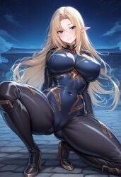 1girls ai_generated alpha_(the_eminence_in_shadow) big_ass big_breasts big_butt big_nipples big_thighs black_bodysuit blonde_hair blue_eyes blush bodysuit elf elf_ears female huge_ass huge_breasts huge_butt huge_nipples huge_thighs kage_no_jitsuryokusha_ni_naritakute! kneeling the_eminence_in_shadow wanuze wide_hips