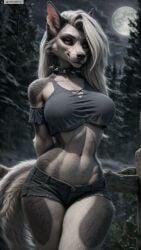 ai_generated animal_ears anthro arms_behind_back artist_name black_shorts body_fur breasts cloud cloudy_sky collar cowboy_shot crop_top female female_anthro full_moon furry furry_female helluva_boss hi_res high_resolution highres large_breasts long_hair looking_at_viewer loona_(helluva_boss) midriff moon navel night night_sky outdoors photorealistic realistic red_eyes short_shorts shorts sky smile snout solo spiked_collar spikes stable_diffusion standing tail thighs tree twitter twitter_username underboob watermark white_hair wolf_ears wolf_tail yiffyjiffy2 yiffyjiffy69