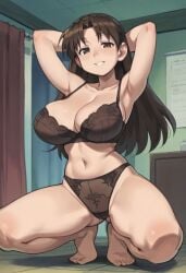 1girls ai_generated armpit armpit_crease armpits arms_behind_head azumanga_daiou big_breasts bra breasts brown_bra brown_hair brown_panties female gastkeser82 half-closed_eyes large_breasts long_hair looking_at_viewer navel panties parted_bangs parted_lips smile solo squatting stomach thick_thighs yukari_tanizaki