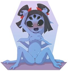 6_arms anthro arachnid arthropod black_hair blush bow breasts clitoris doneru female hair looking_at_viewer muffet nude open_mouth pussy sitting solo spider tongue undertale video_games