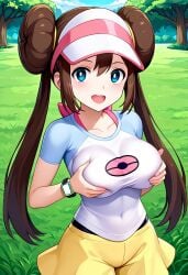 ai_generated arms_on_breasts big_breasts blue_eyes breast_grab brown_hair civitai grabbing_own_breast headwear large_breasts leggings long_hair pokemon rosa_(pokemon) shirt skirt yellow_skirt