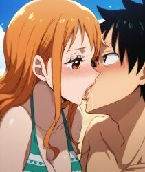 1boy1girl ai_generated bikini black_hair female kissing male misaka misaka monkey_d_luffy nami one_piece orange_hair post-timeskip