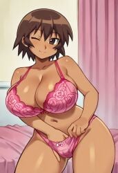 1girls ai_generated azumanga_daiou big_breasts bow bow_bra bow_panties bra breasts brown_hair dark-skinned_female female gastkeser82 hand_in_own_panties hand_in_panties huge_breasts implied_masturbation kagura_(azumanga_daiou) leaning leaning_to_the_side legs_apart navel panties pink_bra pink_panties short_hair smile sole_female solo standing stomach tan-skinned_female tan_body tan_skin voluptuous wink winking winking_at_viewer