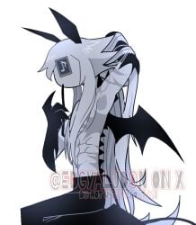 1boy bat bat_ears bat_wings cute_male eye_patch fundamental_paper_education fundamental_paper_education_oc half_naked long_hair long_hair_male muscular muscular_male shirtless tail twitter_username watermark white_background white_hair white_skin