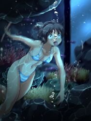 aquarium asphyxiation bikini breasts brown_eyes brown_hair collarbone drowning female foxeye_(artist) game_cg in_the_aquarium:_sinking_with_kana kana_(in_the_aquarium:_sinking_with_kana) navel small_breasts swimming swimsuit tanline tanlines twintails underwater