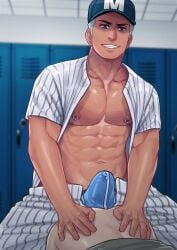 1boy abs ambiguous_gender baseball baseball_cap baseball_uniform bulge cocky erection erection_under_clothes grey_hair hands_on_ass locker locker_room looking_down male maorenc muscular naughty_face nipple_piercing nipples open_clothes open_pants open_shirt original_character pecs penis precum precum_through_clothing precum_through_underwear smile solo_focus underwear