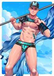 1boy abs baseball_cap bulge cocky flag harness holding_flag holding_object looking_at_viewer male male_only maorenc muscular nipple_piercing nipples original_character pecs smile smiling_at_viewer smirk smirking_at_viewer smug solo solo_male tattoo underwear wrist_guards