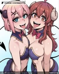 2futas 2girls :p @_@ after_kiss ahoge ai_generated animal_ears asymmetrical_docking bare_shoulders belt blue_eyes blue_skirt blush bow bowtie breast_press breasts brown_eyes brown_hair chiyoda_momo cleavage cockquette collarbone curled_horns demon_girl demon_horns demon_tail detached_collar eyebrows_visible_through_hair futanari futanari hair_between_eyes hair_ornament hairclip heart heart-shaped_pupils heart_tail horns large_breasts long_hair looking_at_viewer midriff miniskirt multiple_girls open_mouth pantyhose pink_hair red_bow red_bowtie revealing_clothes saliva scar shiny shiny_hair shiny_skin short_hair simple_background skirt tagme tail tail_raised tongue tongue_out yoshida_yuuko_(machikado_mazoku) yuri