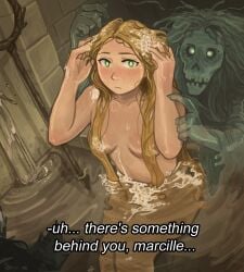 1girls absurd_res bathing blonde_hair blush breasts closed_eyes color completely_nude delicious_in_dungeon dialogue dungeon_meshi elf_female english_text falin_touden ghost green_eyes hair_over_breasts half-elf hand_in_hair hand_on_head higher_resolution_duplicate highres inner_sideboob lighting long_hair looking_at_viewer marcille_donato partially_submerged sideboob sitting slight_blush small_breasts soap soap_bubbles viviancore washing washing_hair