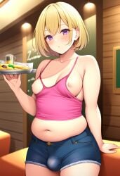 1boy 2d ai_generated beer belly_button blonde_hair broccoli busty_boy chubby_male clothing drink erect_penis erection erection_under_clothes femboy food looking_at_viewer male male_nipples male_only meat obese oc original otoko_no_ko outback_steakhouse pink_nipples purple_eyes restaurant short_hair shorts trap vegetable
