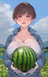 1girls agriculture big_breasts breasts breasts_bigger_than_head brown_hair closed_eyes clothed clothing eyebrows_visible_through_hair female food fruit gloves grass happy huge_breasts light-skinned_female light_skin original outdoors sky sweat watermelon white_gloves yomoda_yomo